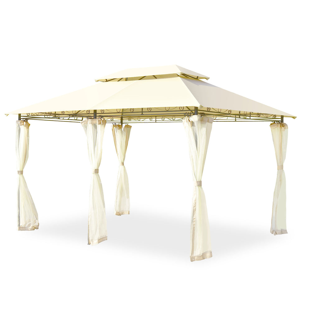 10x13 feet beige gazebo with removable mesh sidewalls, ideal for outdoor gatherings and providing sun protection.