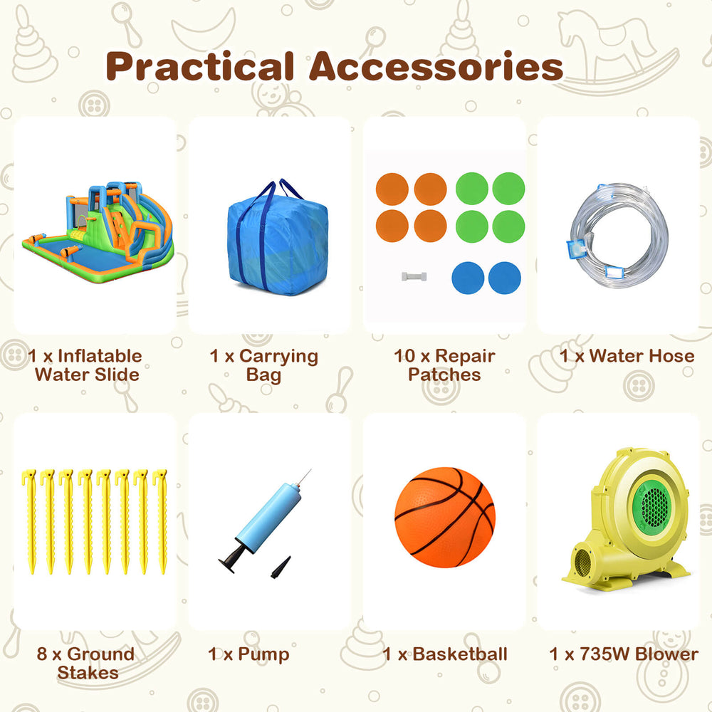 Inflatable water slide accessories including a carrying bag, repair patches, water hose, and stakes for secure setup.