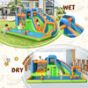 Inflatable giant water park bouncer with dual climbing walls, slide, and splash pool for outdoor fun and summer play.