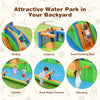 Colorful 7-in-1 inflatable water park with dual climbing walls, slide, and splash pool for backyard fun.