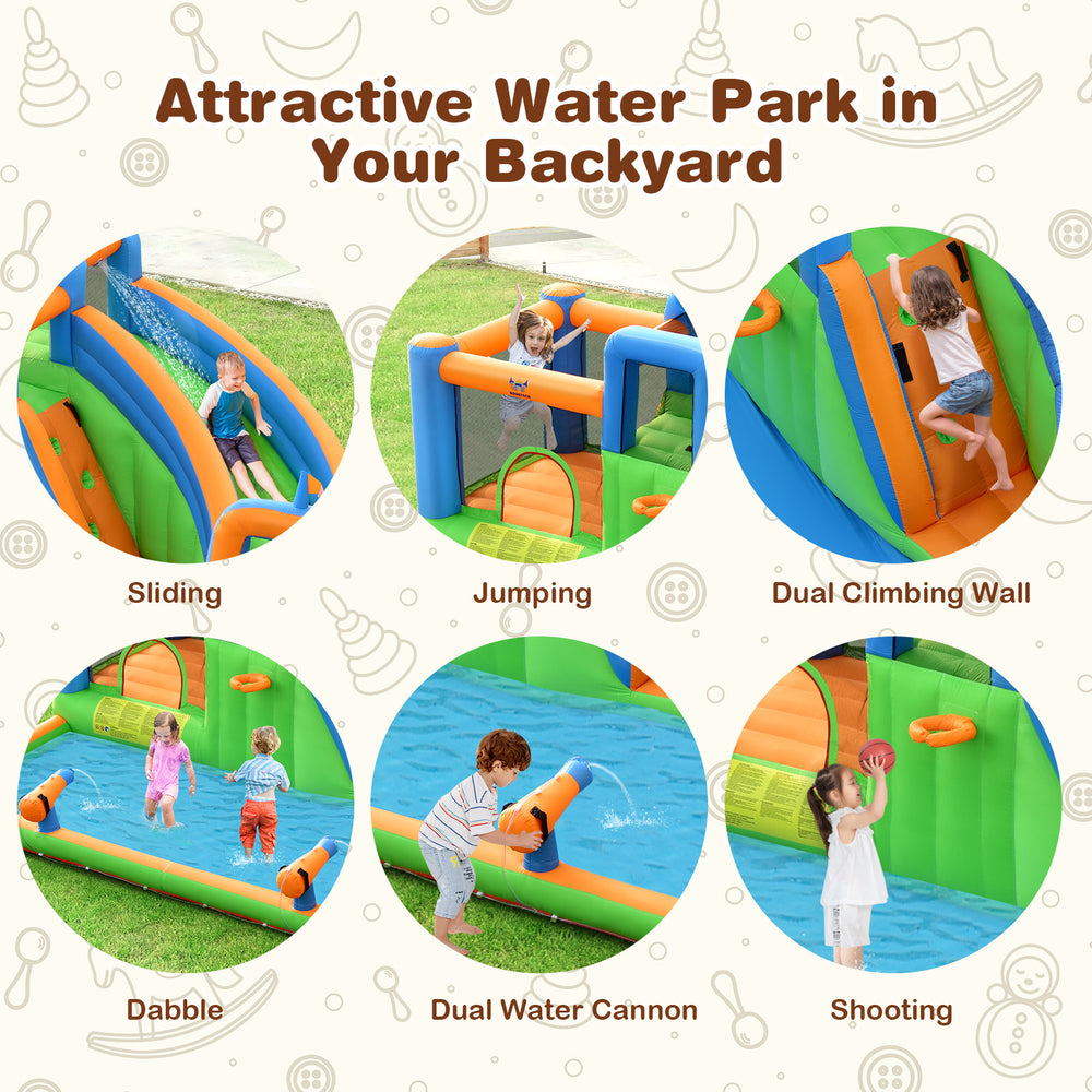 Colorful 7-in-1 inflatable water park with dual climbing walls, slide, and splash pool for backyard fun.