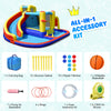 7-in-1 inflatable water slide with climbing wall, splash pool, and basketball hoop, made of durable oxford fabric.