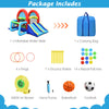 Inflatable jumping castle bounce house with dual slides, 480W blower, rings, basketball, and football for kids' fun.