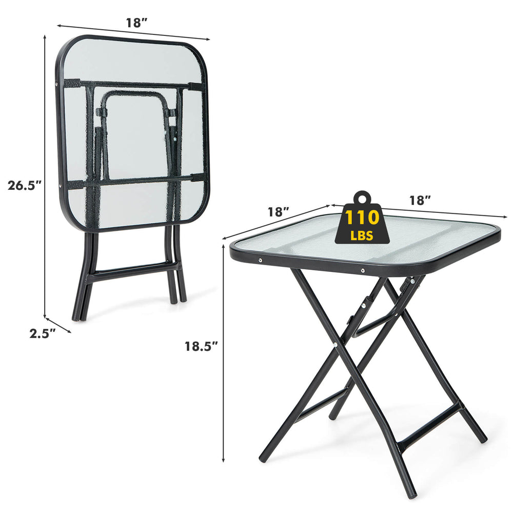Folding 18-inch square patio bistro table with rustproof steel frame and tempered glass top, perfect for outdoor use.