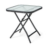 18-inch square patio bistro table with rustproof steel frame and tempered glass top, perfect for outdoor use.