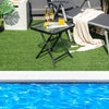 18-inch square patio bistro table with rustproof frame and tempered glass top, perfect for poolside relaxation.