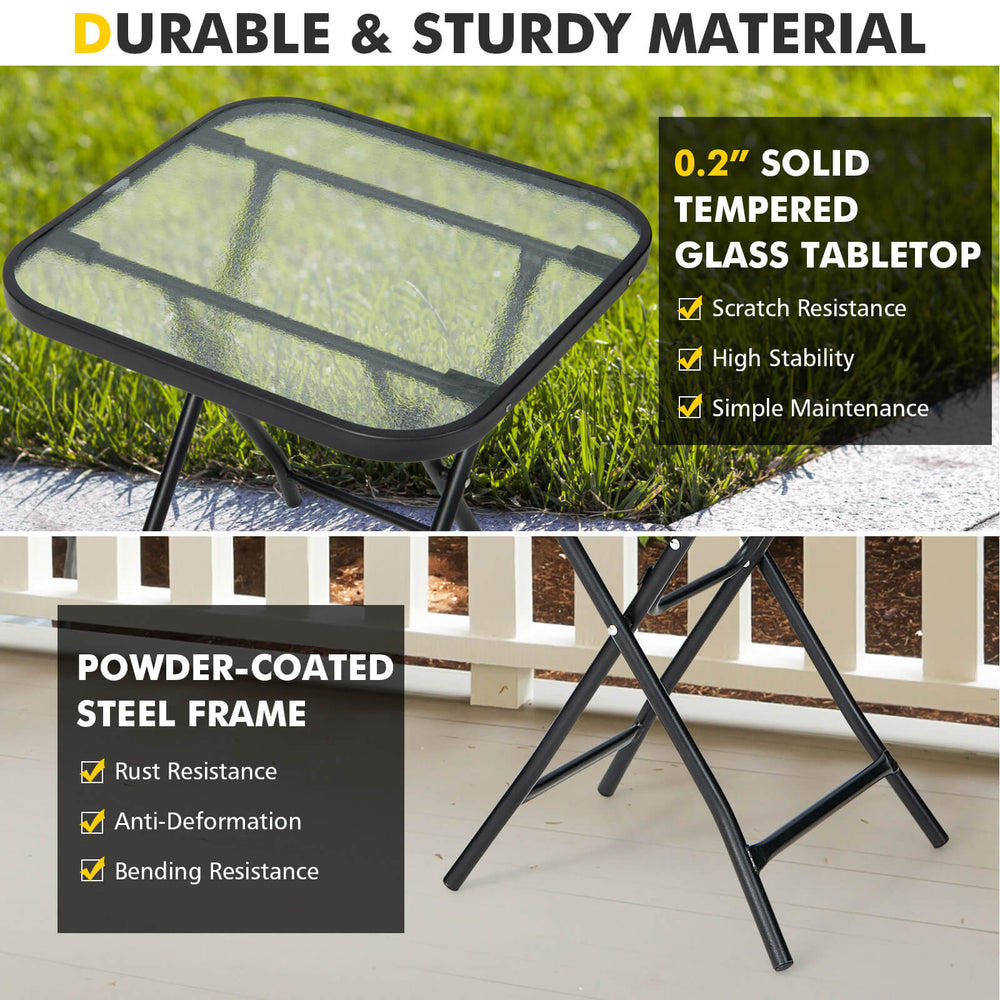 Square 18-inch patio bistro table with a tempered glass top and rustproof steel frame, perfect for outdoor use.