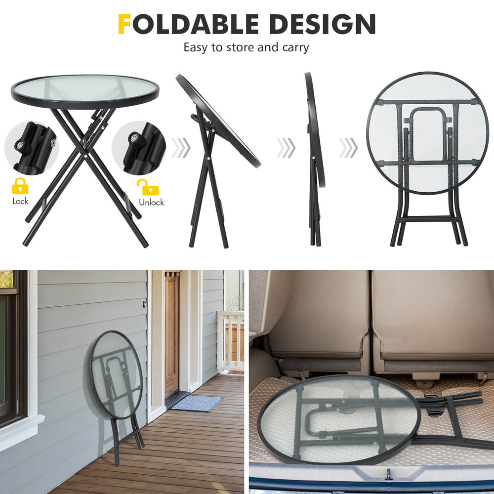 Folding patio side table with tempered glass tabletop and rustproof steel frame, ideal for outdoor use and easy storage.