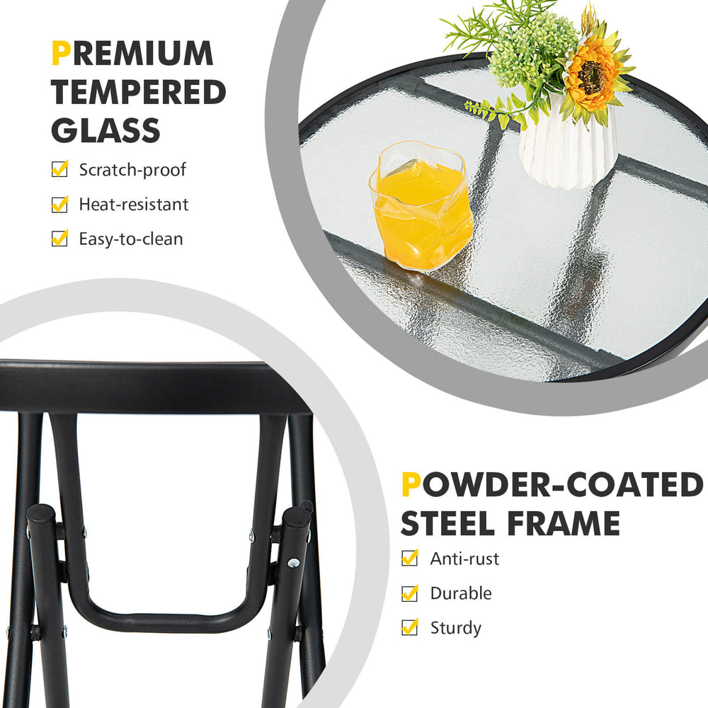 Round patio side table with tempered glass top and powder-coated steel frame, perfect for outdoor use and easy storage.