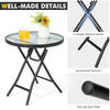 Round patio side table with tempered glass tabletop, rustproof steel frame, and non-slip foot pads for outdoor use.
