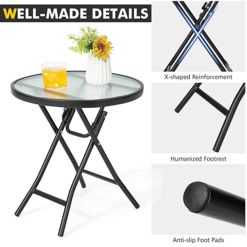Round patio side table with tempered glass tabletop, rustproof steel frame, and non-slip foot pads for outdoor use.
