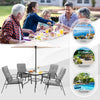 6-piece patio dining set featuring cushioned stackable chairs and an umbrella, perfect for outdoor gatherings.