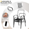 Stackable cushioned chair with curved backrest and armrests, designed for comfort in outdoor patio dining sets.