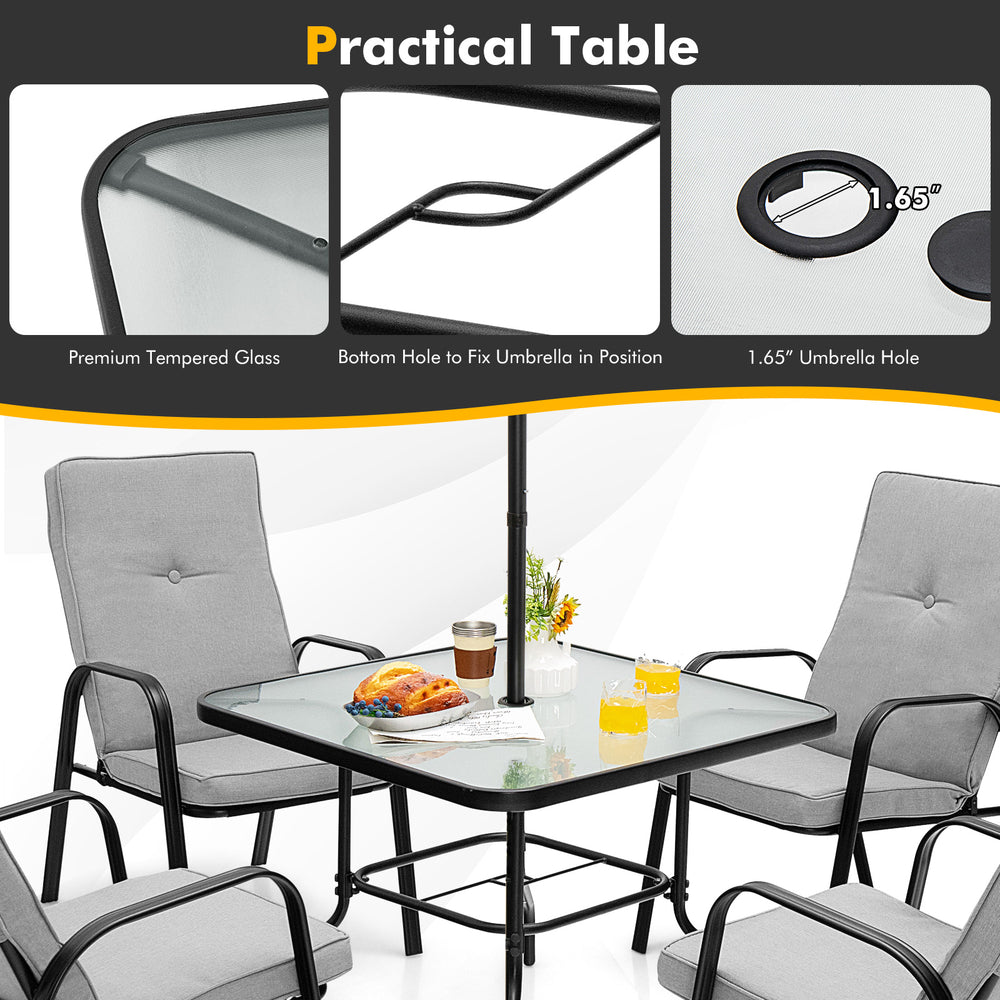 Square patio dining table with tempered glass top, featuring a 1.65" umbrella hole, ideal for outdoor gatherings.