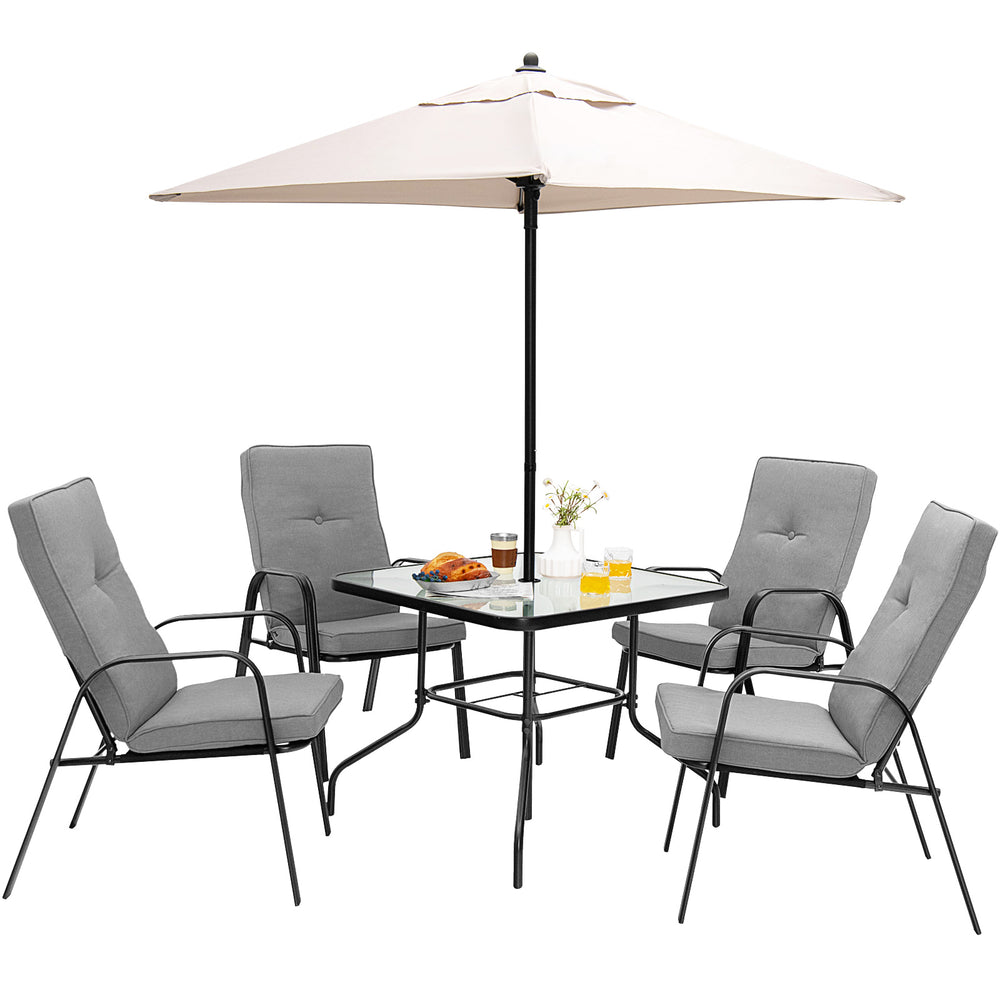 Patio dining set featuring a tempered glass tabletop, four stackable cushioned chairs, and an umbrella for outdoor use.
