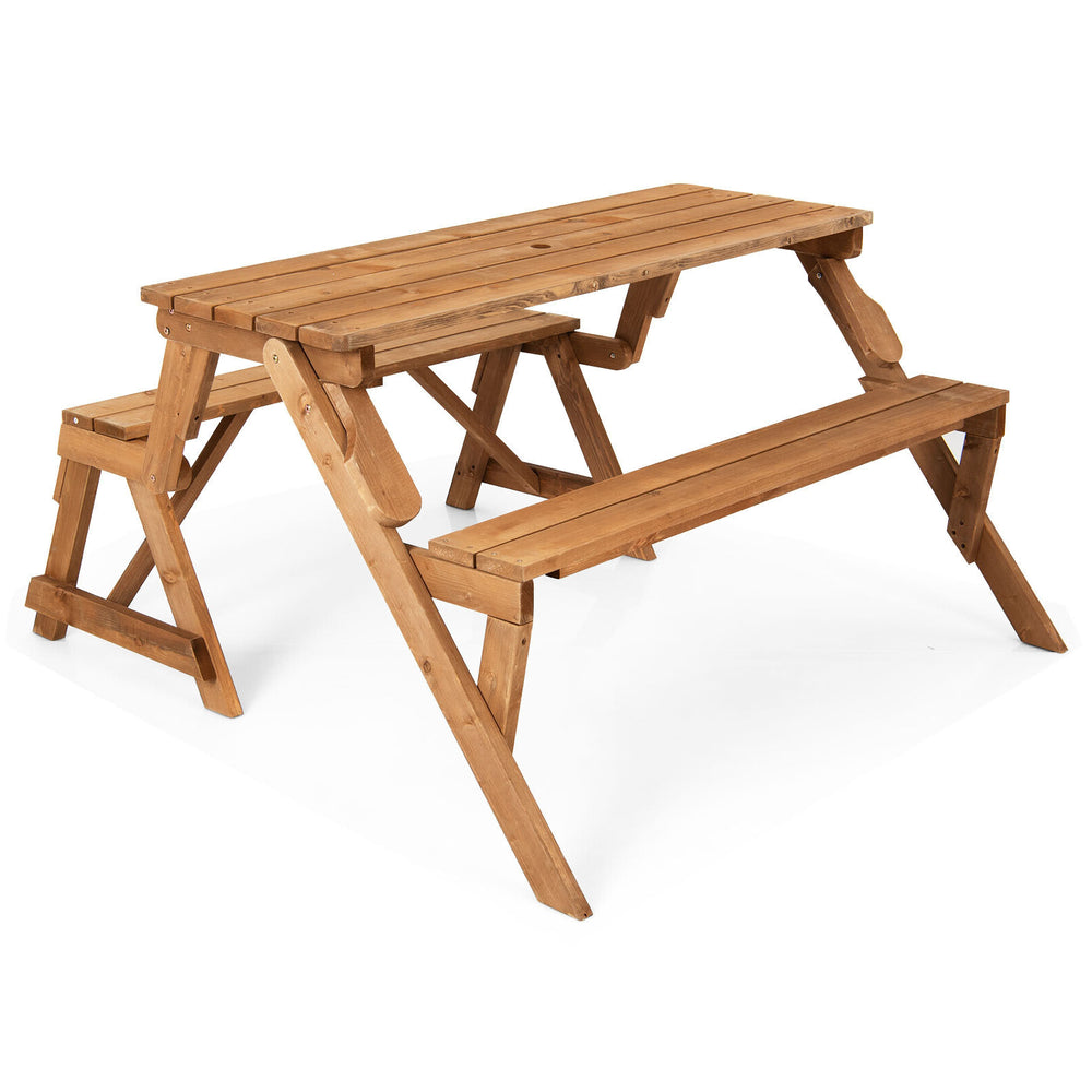 Transforming wooden picnic table bench in dark brown, accommodates 4 people, features umbrella hole for outdoor use.