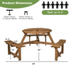 Round wooden picnic table with umbrella hole, dark brown, seating up to 6, ideal for patio or backyard use.