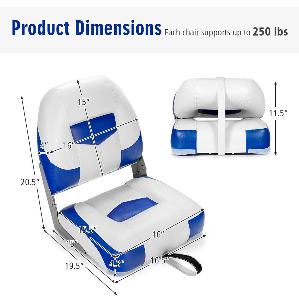 Folding low back fishing boat seat dimensions with blue PVC exterior, supports up to 250 lbs, ideal for outdoor use.