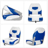 Folding low back fishing boat seat set in blue and white, featuring ergonomic support and durable PVC for outdoor use.