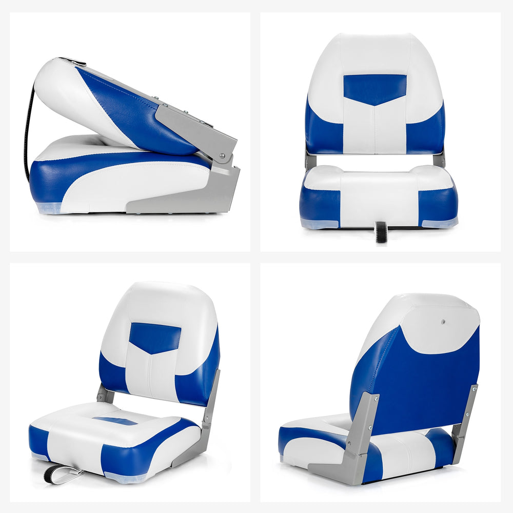 Folding low back fishing boat seat set in blue and white, featuring ergonomic support and durable PVC for outdoor use.