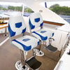Set of 2 blue folding low back fishing boat seats with stainless steel screws, designed for comfort and durability.