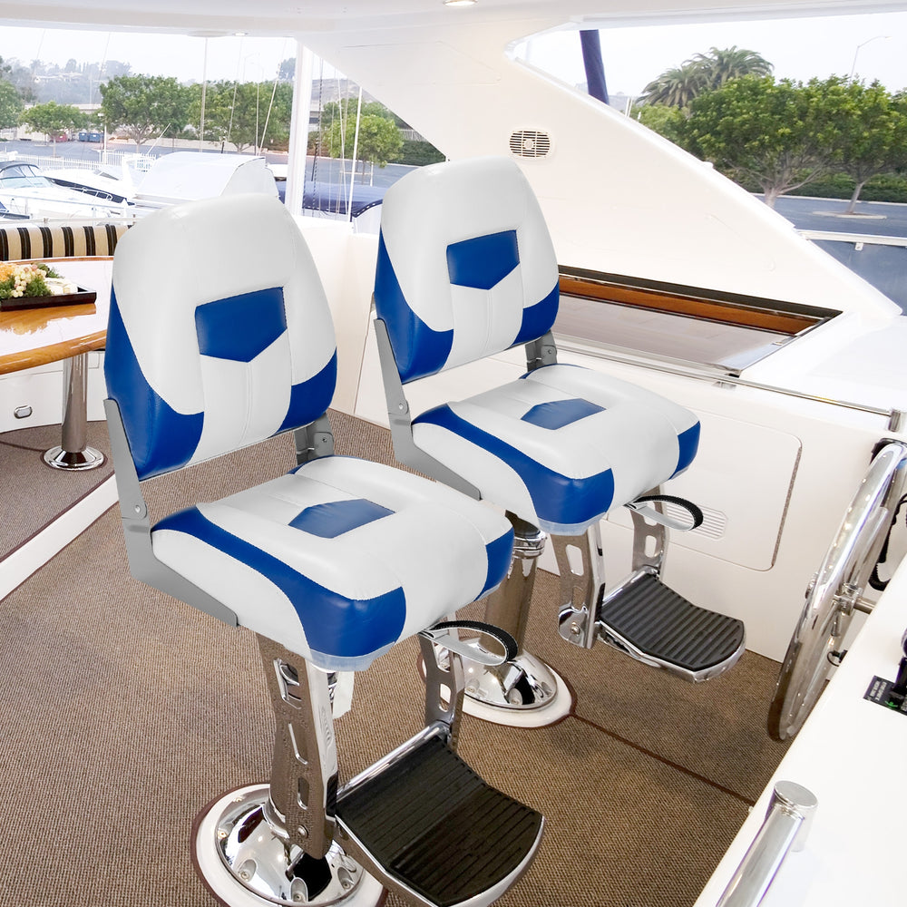 Set of 2 blue folding low back fishing boat seats with stainless steel screws, designed for comfort and durability.
