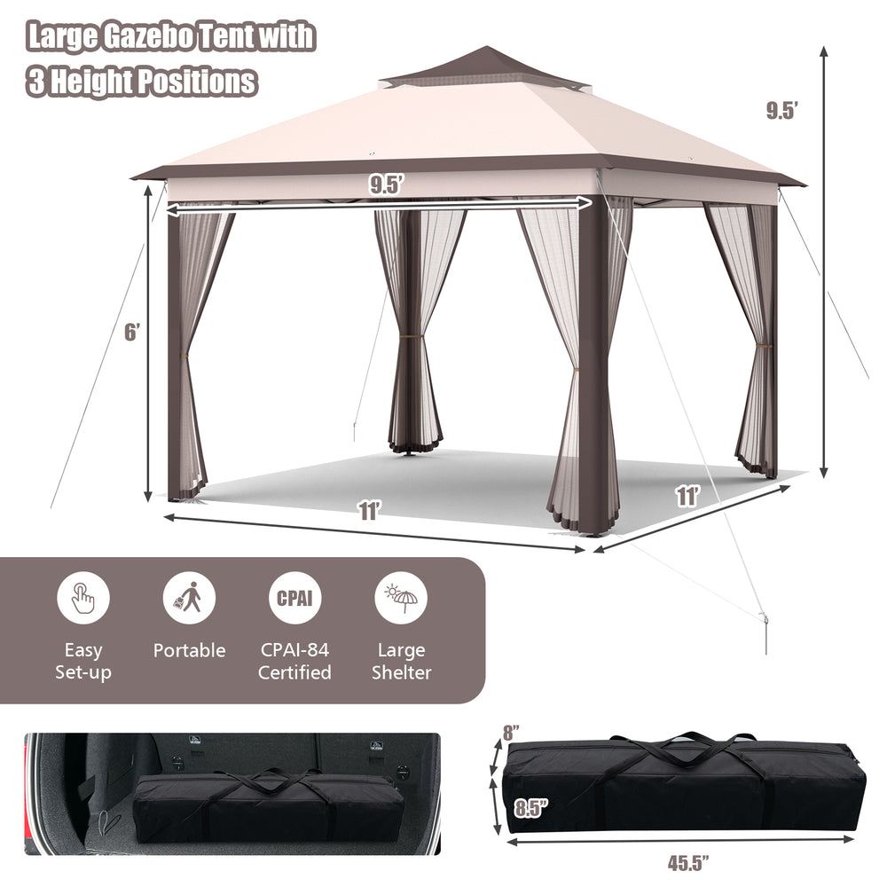 Large pop-up gazebo tent with mesh screens, beige canopy, and adjustable height for outdoor events and sun protection.