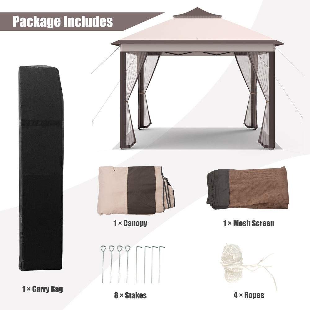 2-Tier pop-up gazebo tent in beige with mesh screens, carry bag, and stakes for outdoor shade and insect protection.