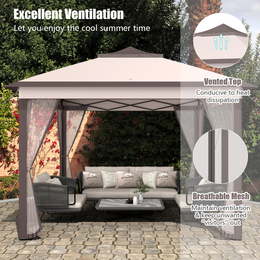 2-tier pop-up gazebo tent with breathable mesh, double vented roof, and extended cornice for outdoor shade and.