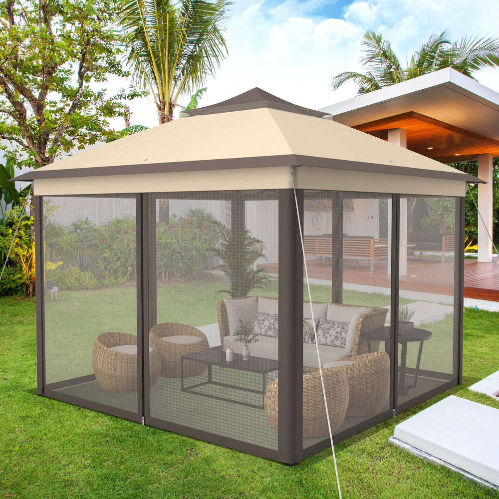 2-Tier Pop-Up Gazebo Tent Portable Canopy Shelter Carry Bag Mesh-Brown - Gallery View 1 of 10