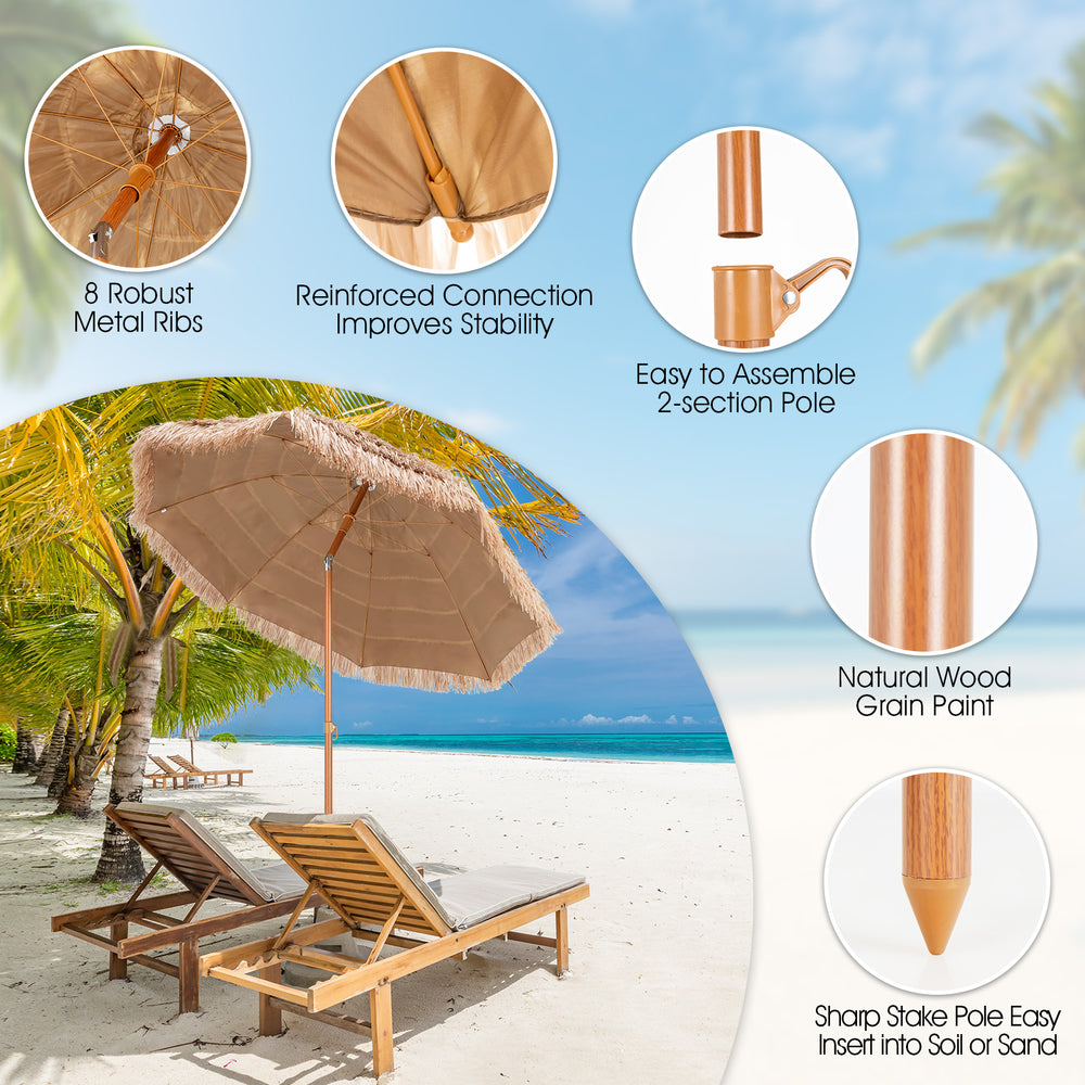 7.2 feet Hawaiian hula beach umbrella with thatched canopy, durable metal ribs, and natural wood grain finish for.