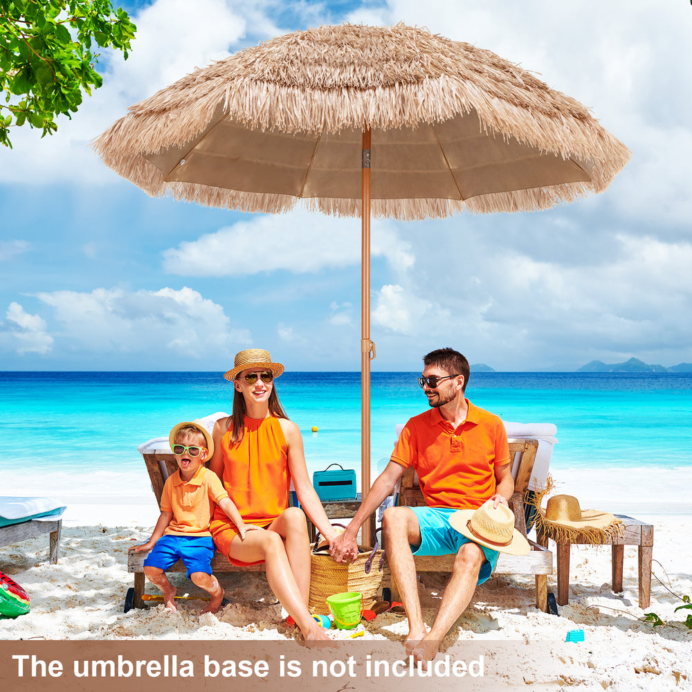 Thatched tiki umbrella with a durable polyester canopy, perfect for beach or patio relaxation in tropical style.