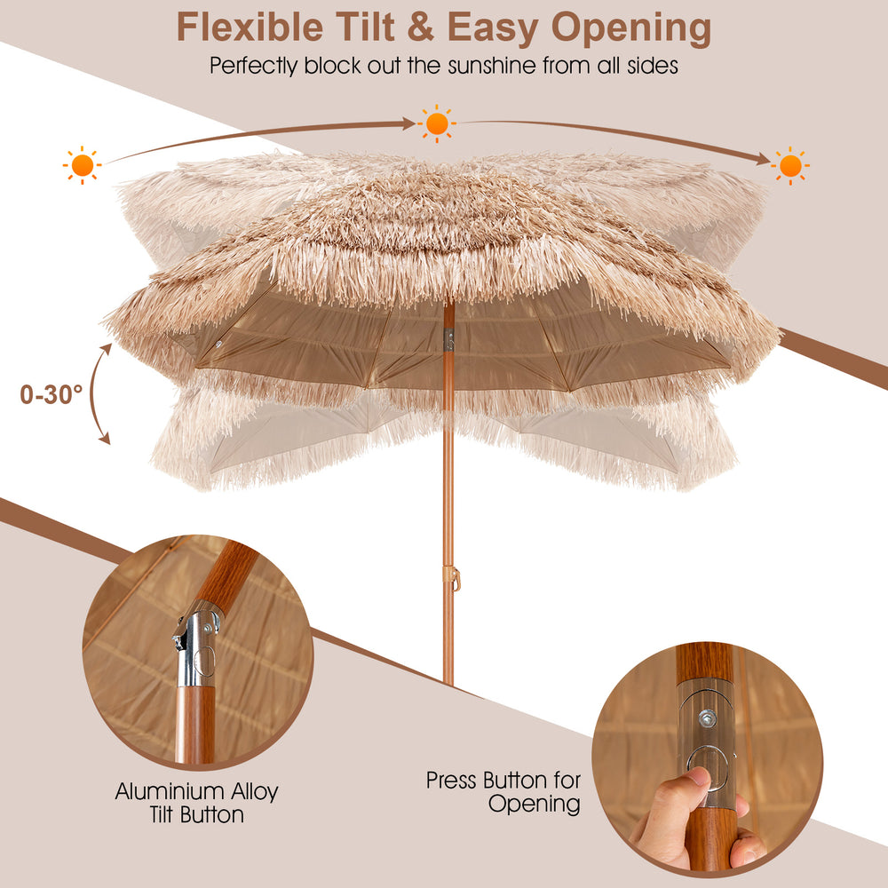 7.2 feet Hawaiian hula beach umbrella with thatched canopy, featuring a tilt mechanism for sun protection in outdoor.