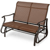 2-person patio glider bench with high back and curved armrests in brown, ideal for outdoor relaxation and stability.