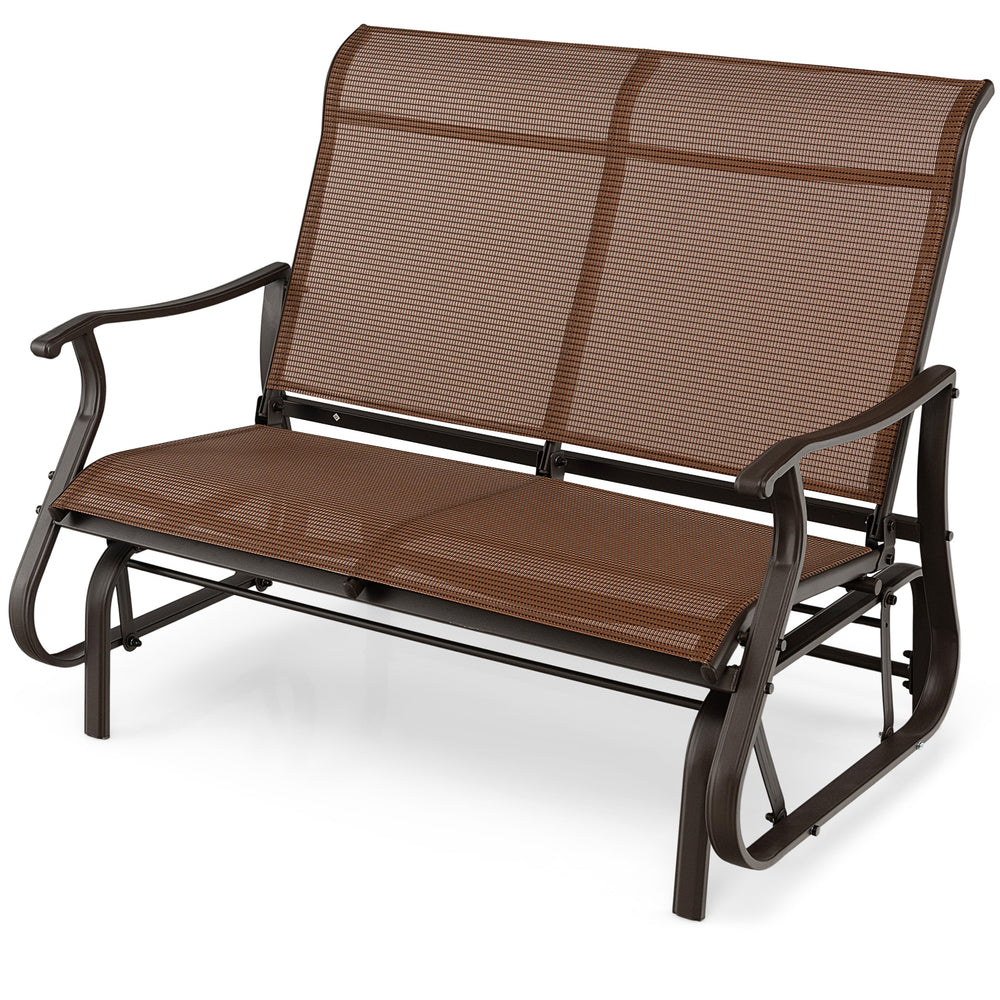 2-person patio glider bench with high back and curved armrests in brown, ideal for outdoor relaxation and stability.