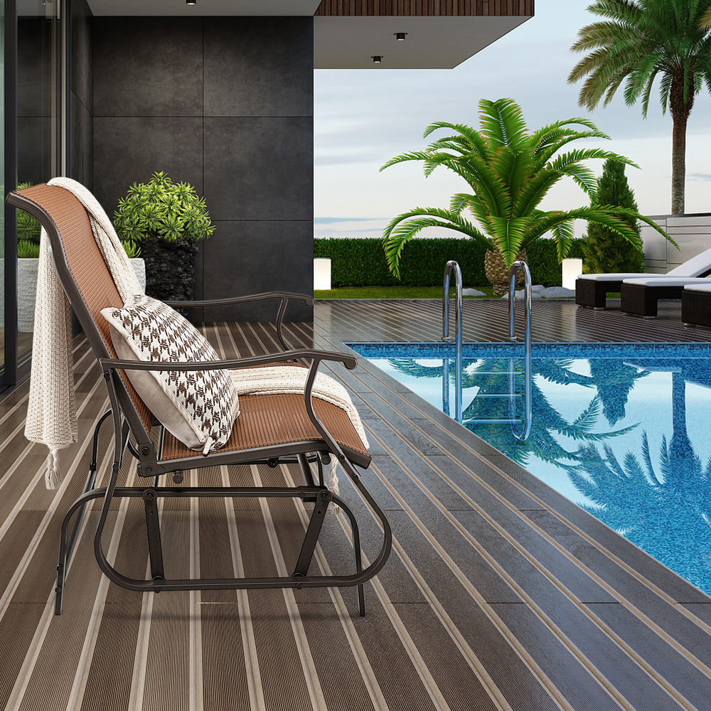 2-person patio glider bench with high back and curved armrests, featuring a brown finish, perfect for outdoor.
