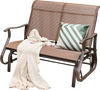 2-person patio glider bench in brown with high back, curved armrests, and cozy blanket, perfect for outdoor relaxation.
