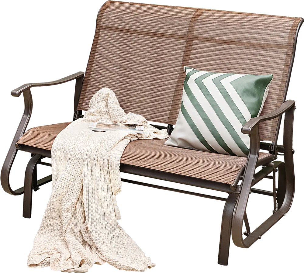 2-person patio glider bench in brown with high back, curved armrests, and cozy blanket, perfect for outdoor relaxation.