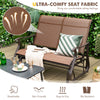 2-person patio glider bench in brown with high back and curved armrests, perfect for outdoor relaxation and stability.
