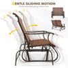 2-person patio glider bench in brown with high back, curved armrests, and gentle gliding motion for outdoor relaxation.