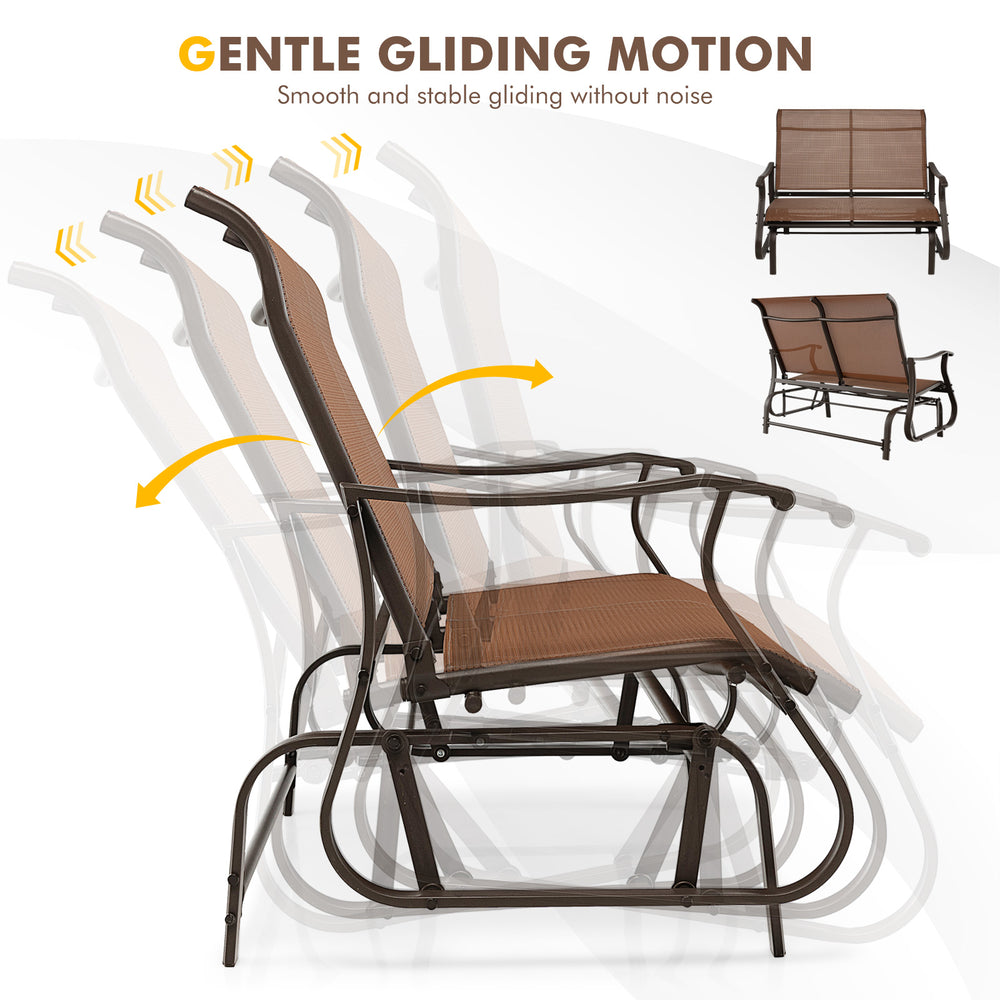 2-person patio glider bench in brown with high back, curved armrests, and gentle gliding motion for outdoor relaxation.