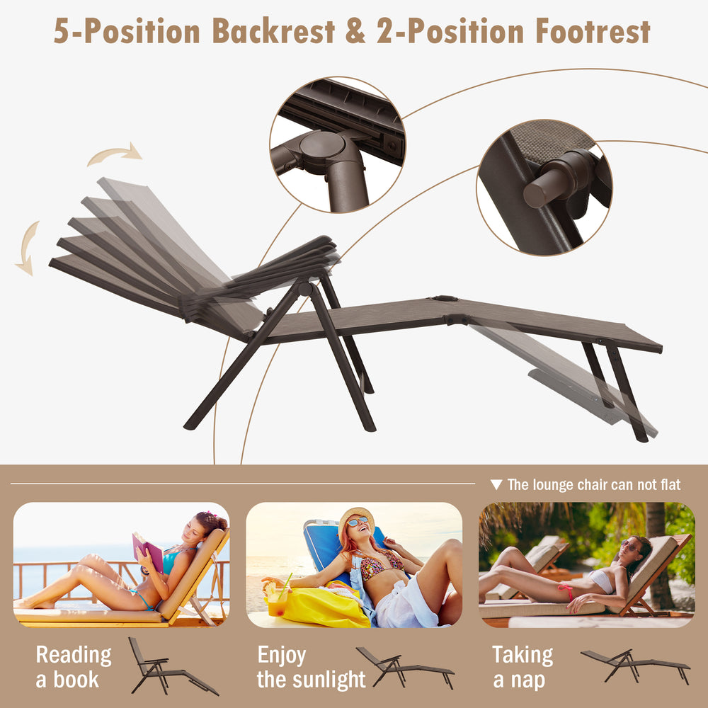 Brown patio foldable chaise lounge chair with 5 backrest angles and 2 footrest positions for versatile outdoor.