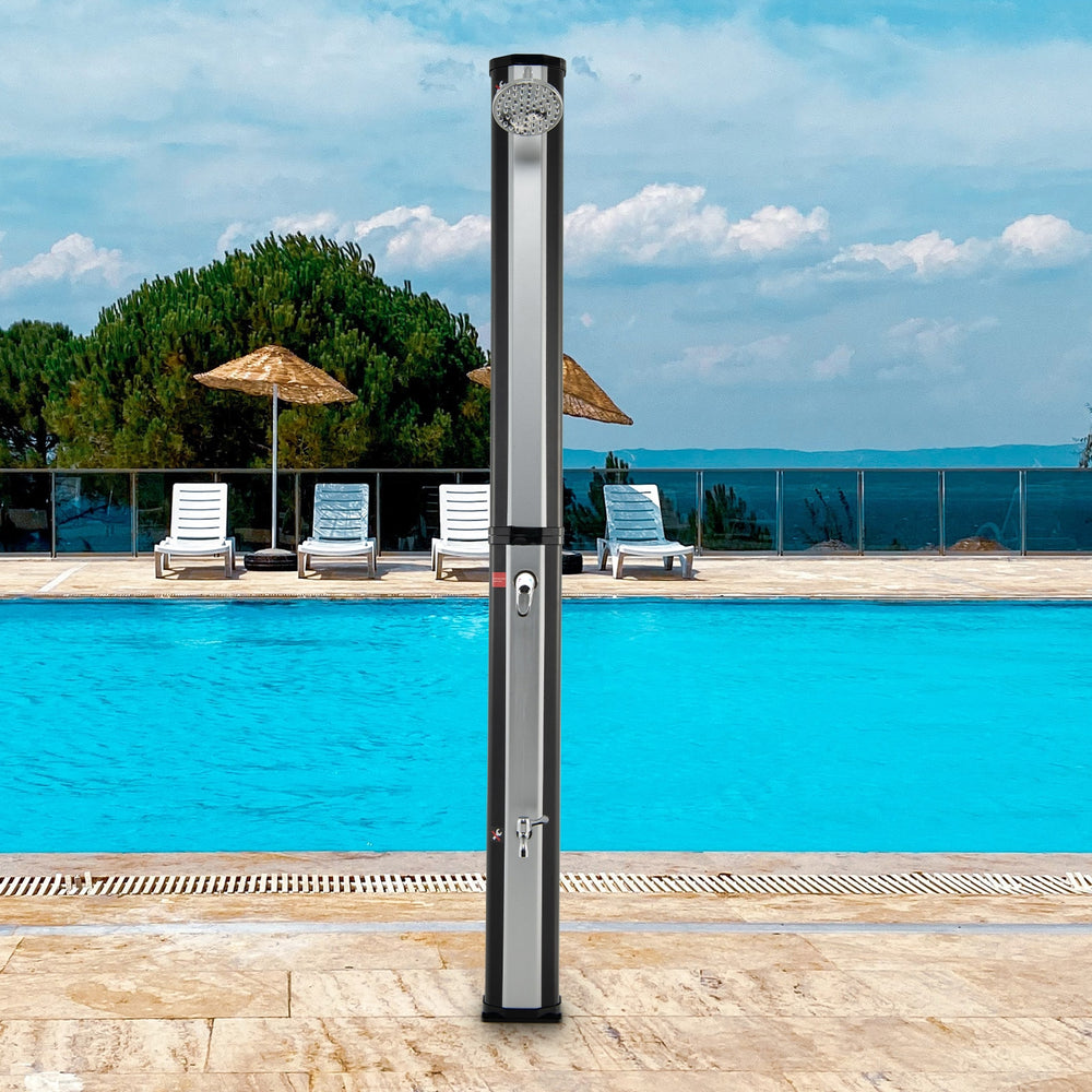 Solar heated shower with adjustable head, 9.3-gallon capacity, ideal for outdoor use by the pool.