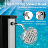 360° rotating shower head of a solar-heated shower with adjustable temperature and foot tap for outdoor use.