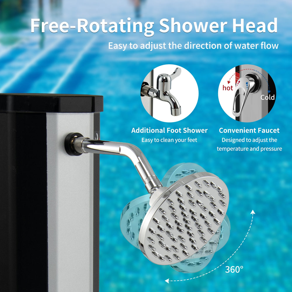 360° rotating shower head of a solar-heated shower with adjustable temperature and foot tap for outdoor use.