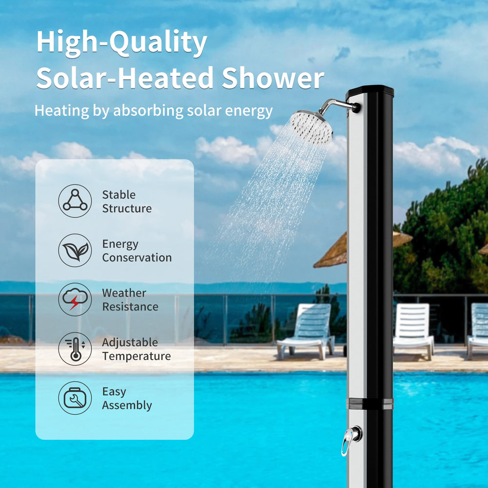 Solar heated shower with adjustable head, 9.3-gallon capacity, ideal for outdoor use by pools or beaches.