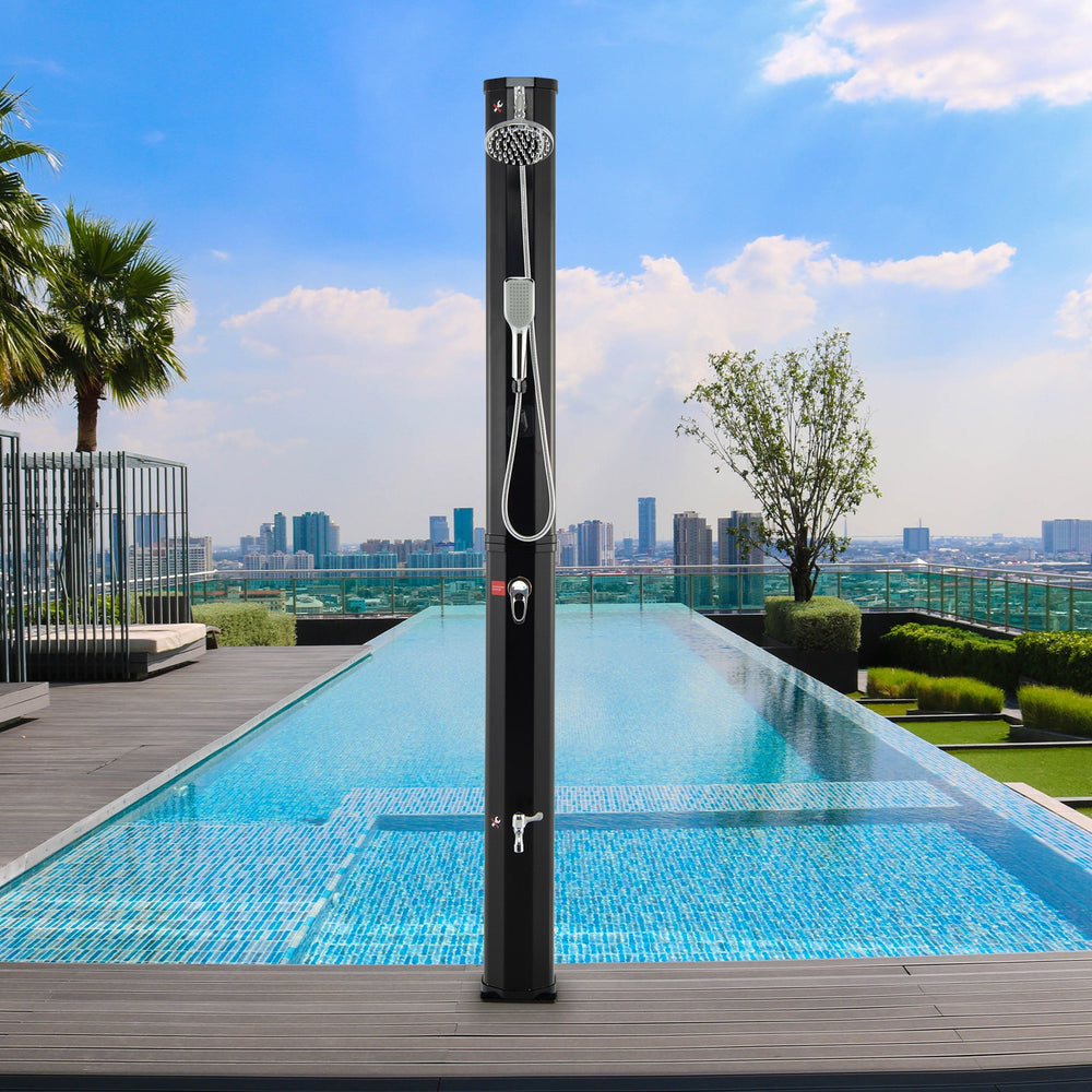 Solar heated outdoor shower with 9.3-gallon capacity, adjustable faucet, and foot shower, perfect for poolside use.