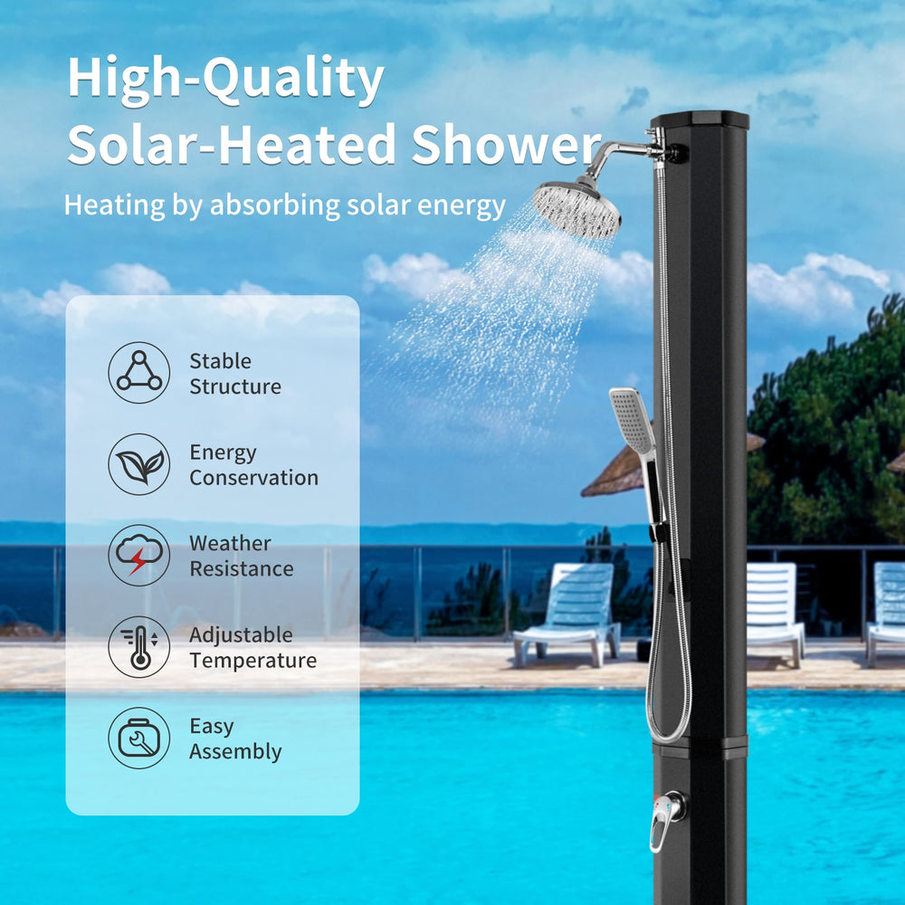 7.2 feet solar heated shower with 9.3-gallon capacity, adjustable temperature, and foot tap for outdoor use.