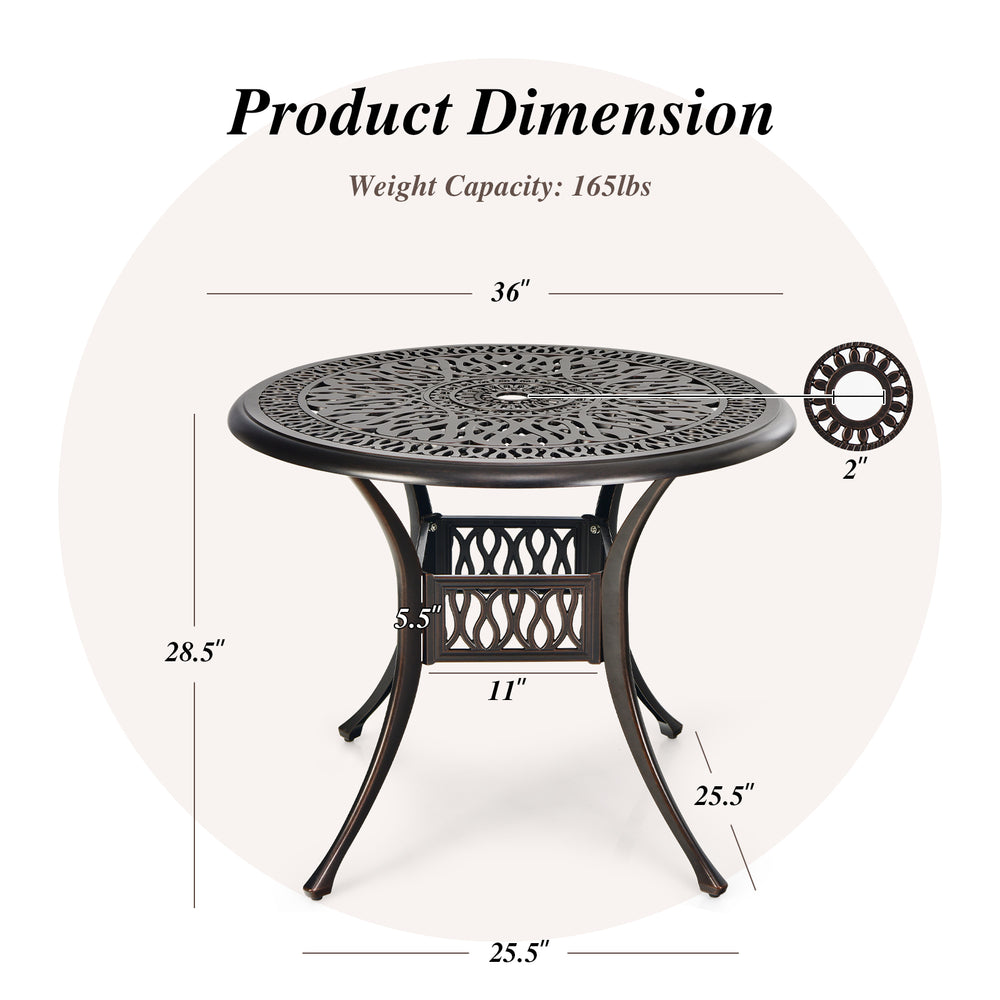36-inch round patio dining bistro table in brown with umbrella hole, featuring elegant patterns and adjustable feet for.