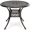 Round 36-inch patio dining bistro table in brown with intricate patterns and umbrella hole, ideal for outdoor use.